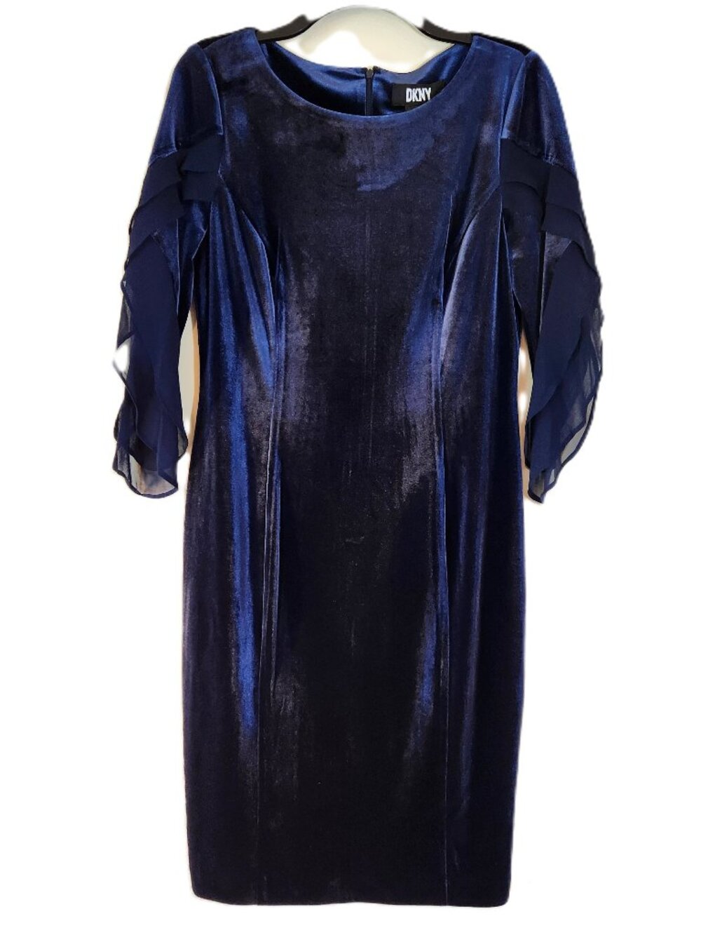 NWT  DKNY Midnight Blue Velvet Sheath Dress, Ruffle Split Sleeves sz 8